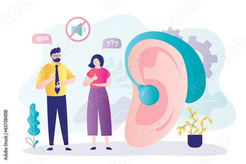 Deaf mute communication. Giant ear with hearing aid. Sign language and hearing loss. Deaf people talking with gestures. Woman understand hearing loss man.