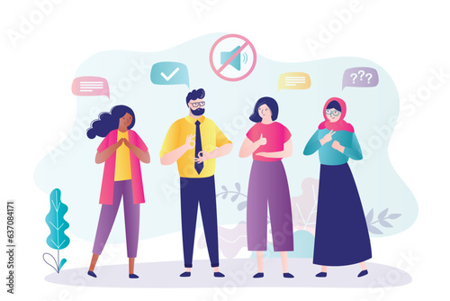 Deaf mute communication. Sign language and hearing loss concept. Group of multiethnic deaf people talking with gestures. Colleagues communicate in language of deaf, articulation.