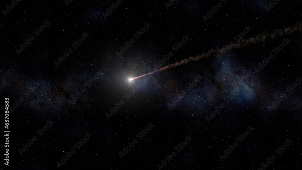 Meteor flying in deep space with smoke trail and stars.
3d rendering meteor asteroid, Global threat concept, sci fi, 2023

