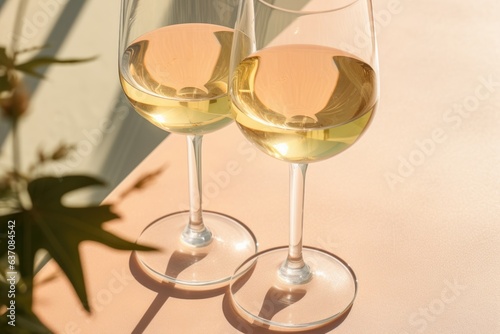 Two glass with white wine on light yellow background. Wineglasses. Summer drink for party, wine shop or wine tasting concept. Date or romantic dinner. Copy space
