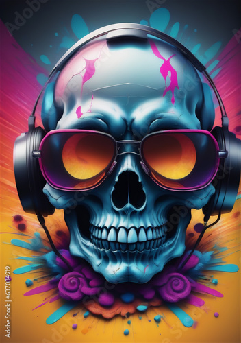 a close up of a skull with headphones on it