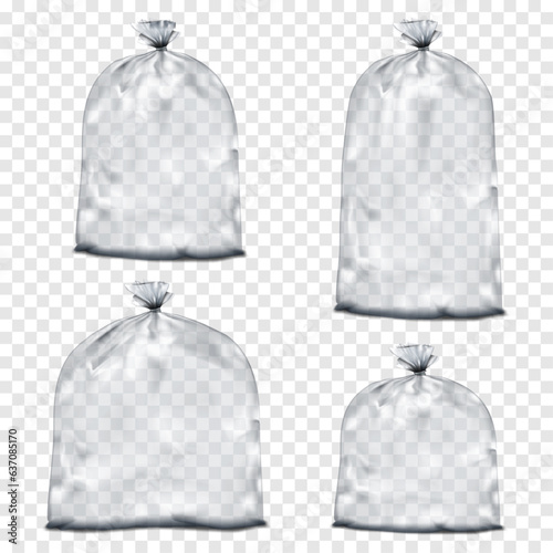 Empty clear tied plastic bag on transparent background. Different sizes vector mockup set. Packaging pouch, package, trash liner mock-up