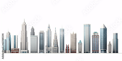 Set of different skyscraper buildings isolated on white. 3d illustration