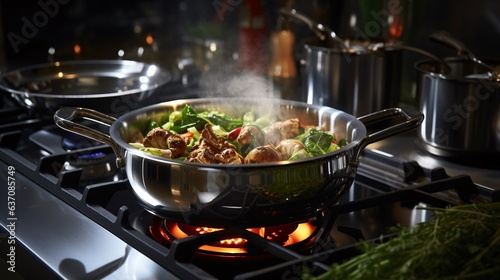 Stainless pan on the hob, cooking on a gas stove