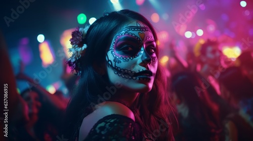 Beautiful young woman with sugar skull makeup dancing at a nightclub. Halloween party. Day of the Dead festival. photo