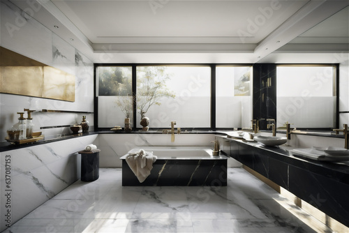 Bathroom interior with mirror, comfortable bathtub and city view. Style and hygiene concept. 