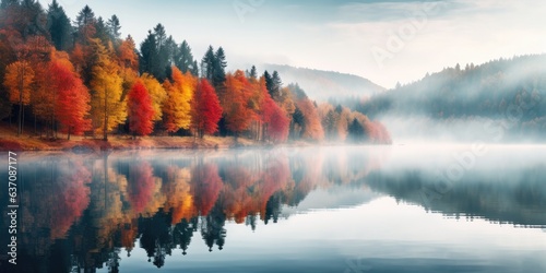 cinematic view of a autumn forest at a lake with some fog in the morning sun.