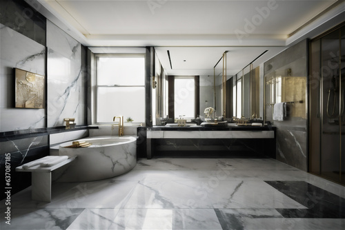 Bathroom interior with mirror, comfortable bathtub and city view. Style and hygiene concept. 