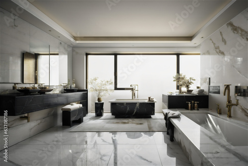 Bathroom interior with mirror  comfortable bathtub and city view. Style and hygiene concept. 