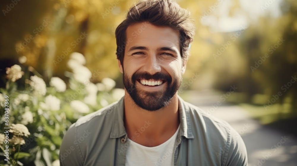 Portrait of happy positive guy relax in green garden. Portrait of happy positive guy relax in green garden.
