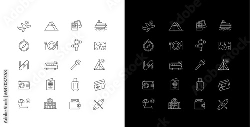 Travel essentials icons. Travel itinerary icons. Vacation line icons. Tourism vector icons. Adventure outline icons. 
Explore thin-line icons. Adventure outline icons. Editable Stroke.