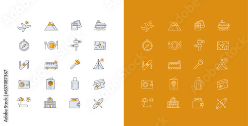 Travel essentials icons. Travel itinerary icons. Vacation line icons. Tourism vector icons. Adventure outline icons. Editable Stroke.