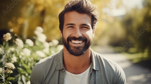 Portrait of happy positive guy relax in green garden.