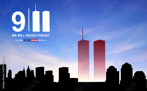 New York skyline silhouette with Twin Towers at the sunset. 09.11.2001 American Patriot Day banner. EPS10 vector