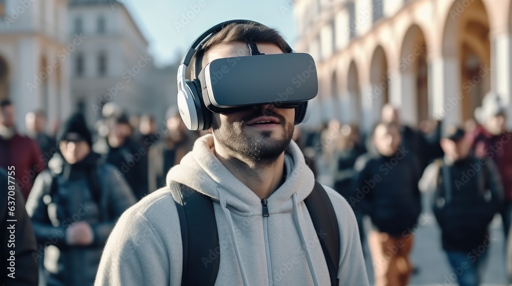 Portrait of gamer man wearing VR glasses outdoors. Portrait of gamer man wearing VR glasses outdoors.