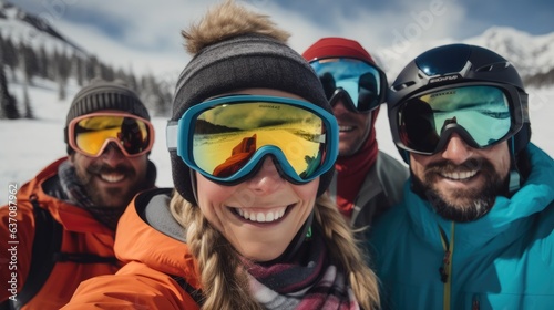 Group of people wearing ski equipment takes a selfie together with snow in the winter.