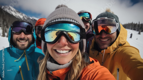 Group of people wearing ski equipment takes a selfie together with snow in the winter.