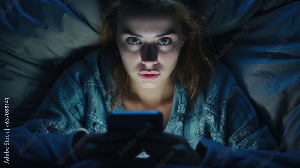 Young girl suffers from insomnia using her phone in bedroom at night. Young girl suffers from insomnia using her phone in bedroom at night.