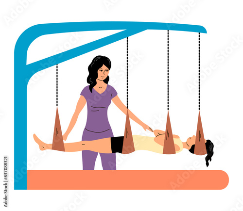 Physical rehabilitation clinic. Girl stretches her body on training apparatus. Woman patient doing exercises under the supervision of doctor. Therapy and recovery. Flat vector illustration