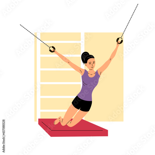 Physical rehabilitation clinic. The girl stretches her muscles on training apparatus. Therapy and recovery. Flat vector illustration