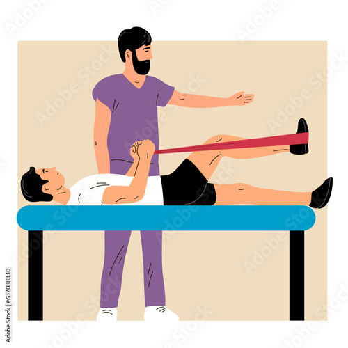 Physical rehabilitation clinic. Man patient doing exercises under the supervision of man doctor. Elastic tourniquet. Therapy and recovery. Flat vector illustration