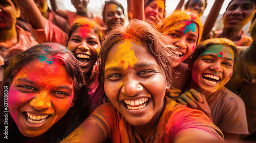 Indian people celebrating Holi festival with colourful powder in India