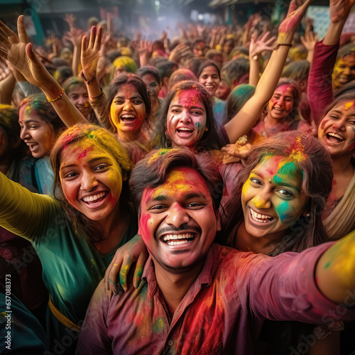 Indian people celebrating Holi festival with colourful powder in India