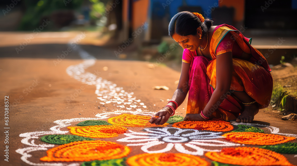 Beautiful Indian woman traditionally dressed making rangoli from flowers near the house in India - obrazy, fototapety, plakaty 
