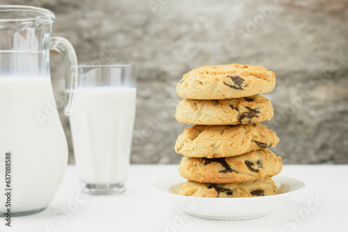 Homemade chocolate chip cookies, Cookies and a jug of milk