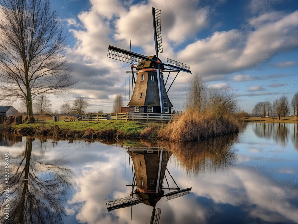 Dutch windmill, river, blue sky with clouds, and windmill reflecting in water