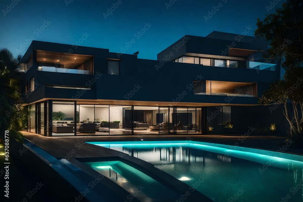 Modern house with ambiental lights, near a sea, futuristic pool, dark - AI Generative