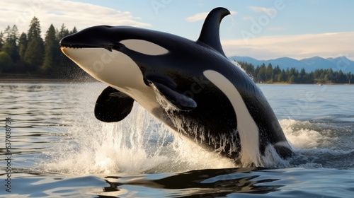 Orca whale jumping out of the sea.