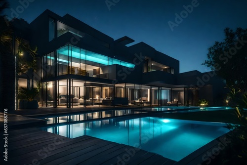 Modern house with ambiental lights, near a sea, futuristic pool, dark - AI Generative © Being Imaginative