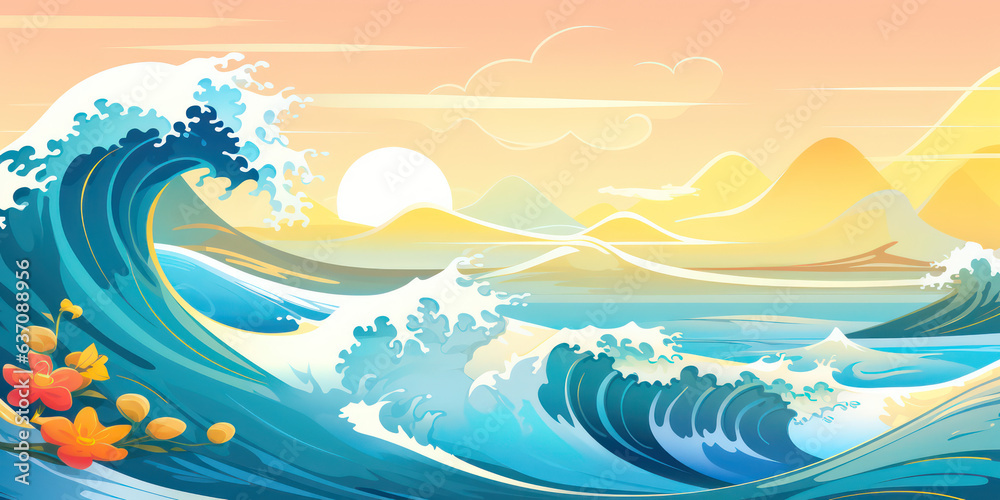 Playful Ocean Wave in Cartoon Style. Sun ocean wave blue clouds happy splash. Banner Header Travel Graphic Resource as background sunny ocean wave splashing water. Generative AI Playful Ocean Wave in Cartoon Style. Sun ocean wave blue clouds happy splash. Banner Header Travel Graphic Resource as background sunny ocean wave splashing water. Generative AI
