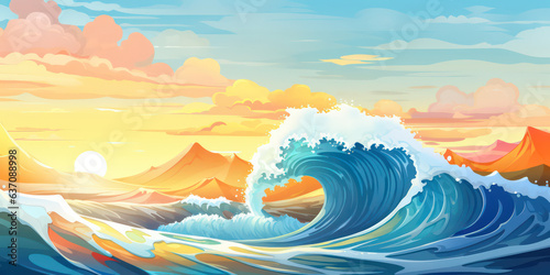 Playful Ocean Wave in Cartoon Style. Sun ocean wave blue clouds happy splash. Banner Header Travel Graphic Resource as background sunny ocean wave splashing water. Generative AI