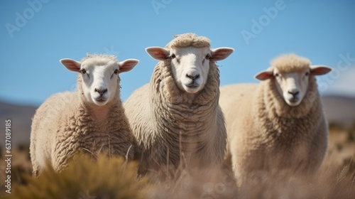 Shot of three Sheep standing next to each other with the background of the sky.