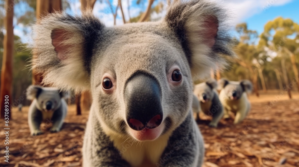 Obraz premium Adorable koalas taking a selfie in a forest.