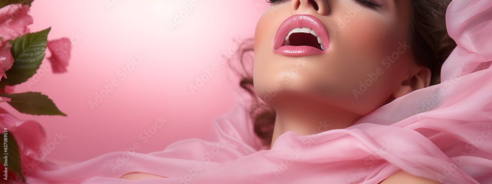 Beautiful Woman with Lovely Face with Pink Makeup and Perfect Lips - Transparent Pink Background - Life Saving Lip Balm against Irritations - Beauty and Cosmetic Care Details. generative AI, Beautiful Woman with Lovely Face with Pink Makeup and Perfect Lips - Transparent Pink Background - Life Saving Lip Balm against Irritations - Beauty and Cosmetic Care Details. generative AI,