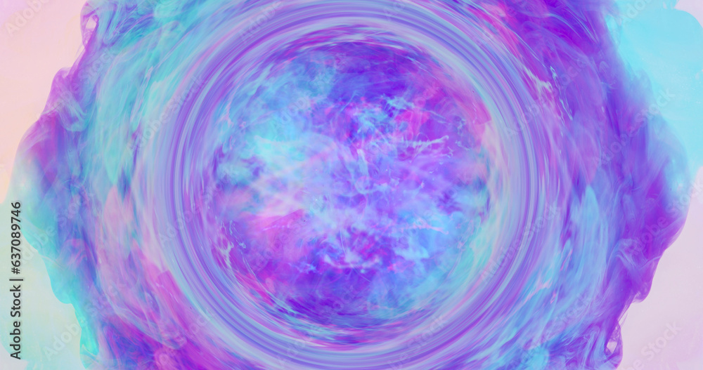 Neon swirl. Smoke frame circle. Spiritual vortex. Blur iridescent cyan blue pink purple color light ink water mist on white abstract free space background.