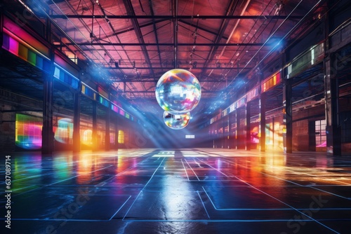 A big empty warehouse has a dance floor and a disco ball, lit up by colorful spotlights.
