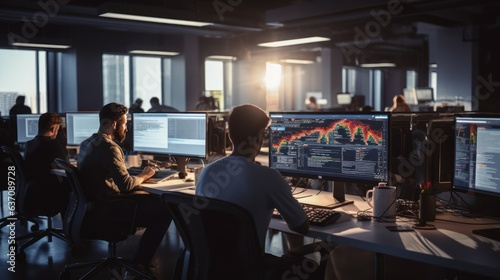 A scene showcasing a team of software developers coding, collaborating, and testing applications in a modern development environment	
