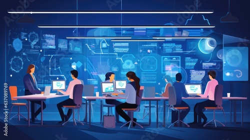 A scene showcasing a team of software developers coding, collaborating, and testing applications in a modern development environment	
