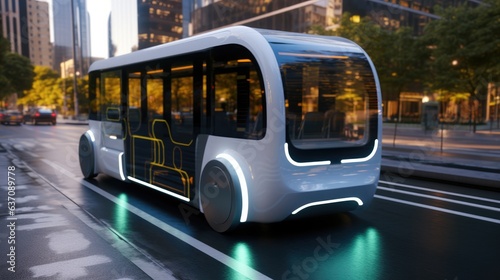 Autonomous electric bus self driving on street at modern city, Smart vehicle technology concept.