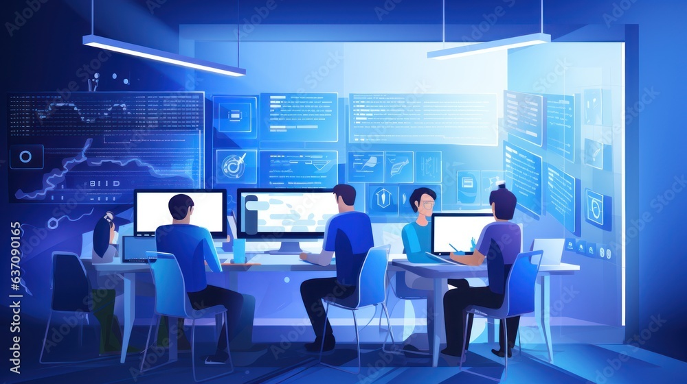 © Damian Sobczyk - A scene showcasing a team of software developers coding, collaborating, and testing applications in a modern development environment