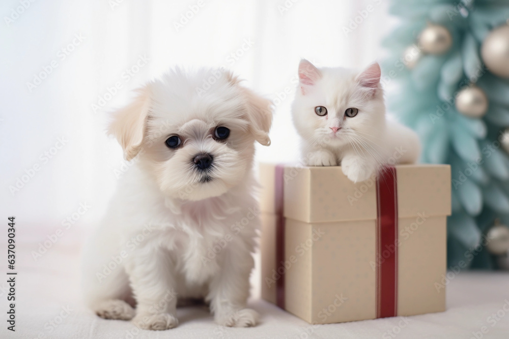 cute white kitten and puppy among Christmas decorations and gifts. light background cute white kitten and puppy among Christmas decorations and gifts. light background