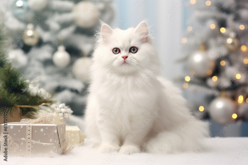 cute white kitten among Christmas decorations and gifts. light background cute white kitten among Christmas decorations and gifts. light background