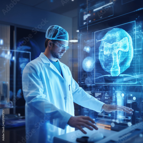 Doctor surgeon in medical apparel working with Futuristic Holographic Interface, showing medical Data