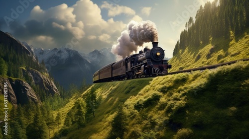  a steam engine train traveling through a lush green hillside under a cloudy sky. generative ai