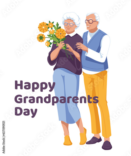 Grandparents Day Greeting card. Summer couple with a flower bouquet on a white background. Vector flat illustration