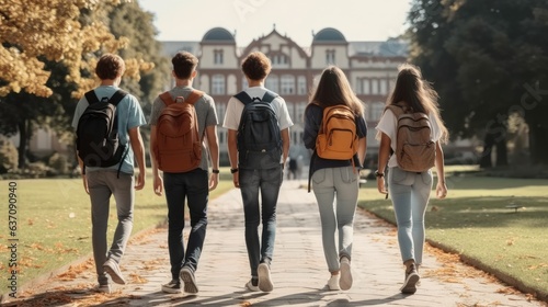 Rear view, Group of students with backpacks walking at university campus together.